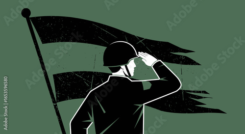 Silhouette soldier saluting a grunge flag, commemoration and remembrance day