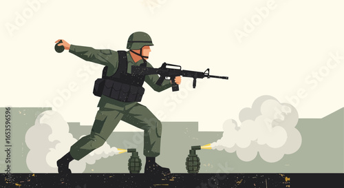 Soldier character throwing a grenade with a weapon in a combat environment