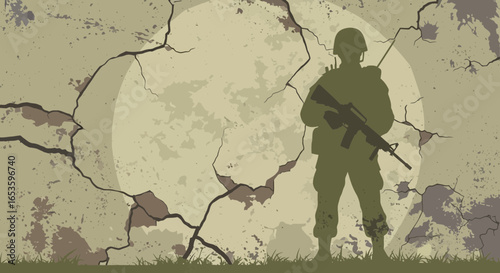 Soldier standing vigilant, armed against a backdrop of cracked earth texture