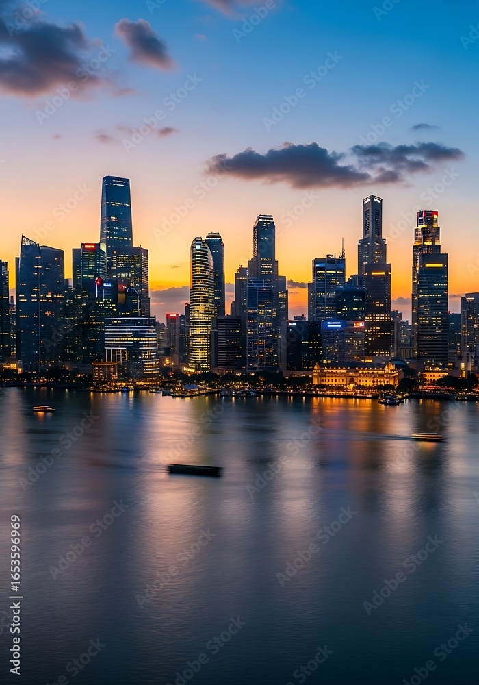 Obraz premium Singapore's shimmering skyline: Capturing the vibrant urban landscape at twilight's embrace