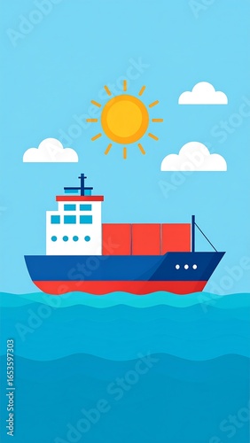 Cartoon cargo ship on the sea