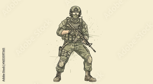 Stylized military vector illustration depicts a soldier in combat gear