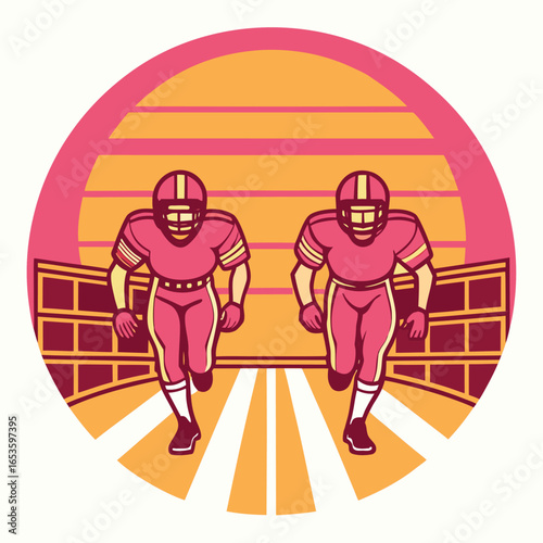 Two football players running towards goalposts american football helmets