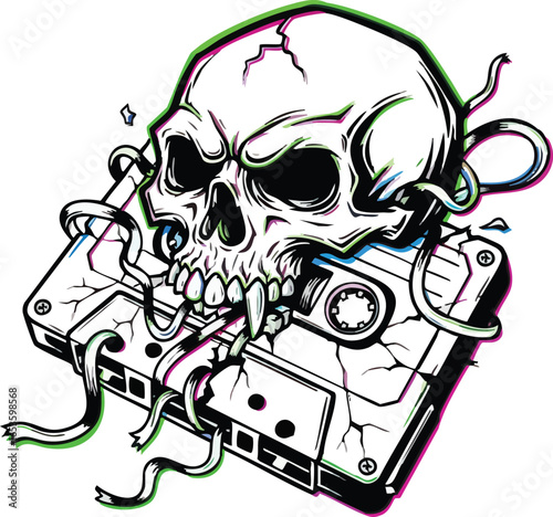 A stylized illustration featuring a skull biting a cracked cassette tape with flowing ribbons.