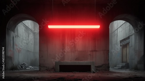 A glowing red neon bar lights up a grungy tunnel with archways and concrete textures.