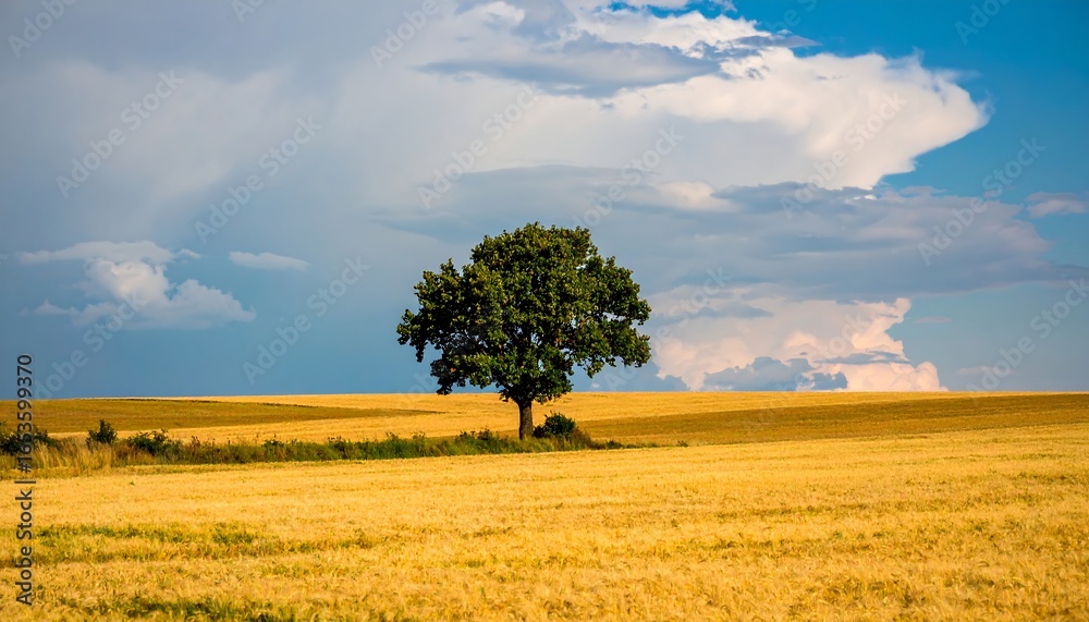Fototapeta premium Lonely tree in a golden field under a stormy sky