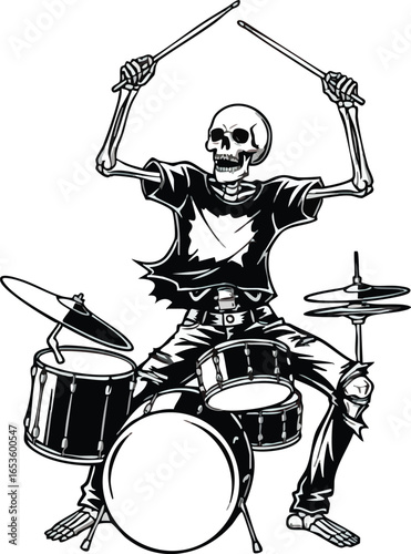 A skeletal figure enthusiastically plays a drum kit, raising drumsticks high in the air.