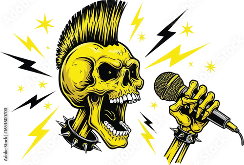 A stylized illustration of a screaming skull with a mohawk holding a microphone, surrounded by lightning bolts.