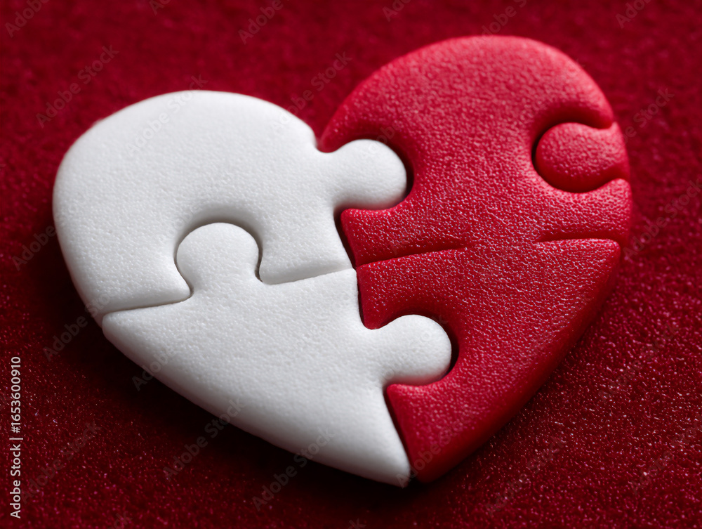 Obraz premium top-down photograph of scattered puzzle pieces gradually fitting together to form a whole heart shap