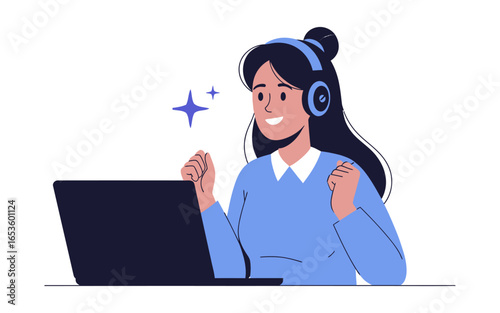 Animated Woman with Headphones and Laptop Expressing Excitement.