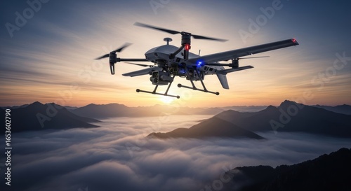 Advanced drone technology hovering above ethereal clouds, bathed in the golden light of sunrise