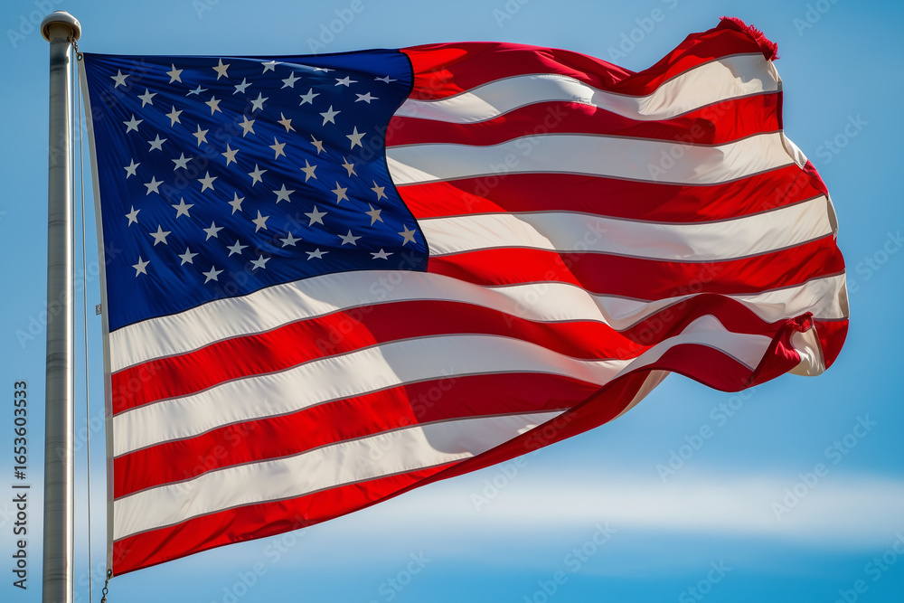Fototapeta premium American flag waves proudly on metal pole against clear blue sky. Ideal for patriotic, American themed designs, july 4th celebrations, and national holidays.