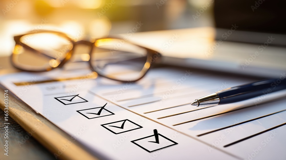 Fototapeta premium office checklist with pen and glasses on paper