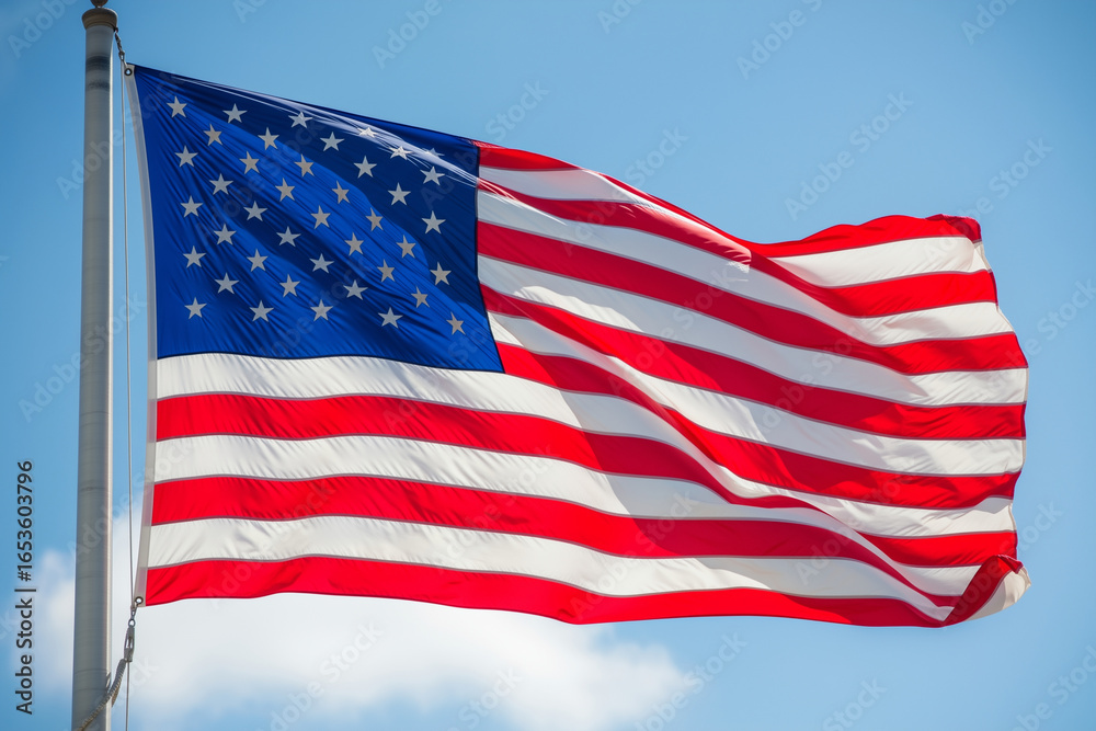 Obraz premium Us flag waving on a pole evokes patriotism perfect for fourth of july promotions, american holidays, or political campaigns.
