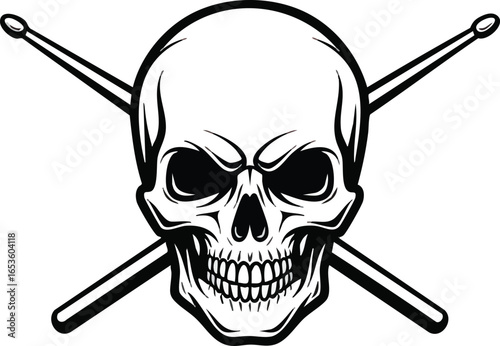 A stylized illustration of a skull with crossed drumsticks, a symbol of music.