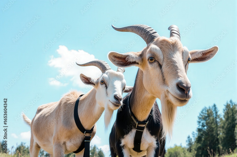 Fototapeta premium Two Goats Standing Outdoors Under a Clear Blue Sky