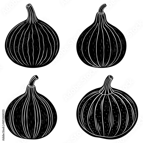 Four black and white figs arranged in a square pattern with detailed line work and organic shapes