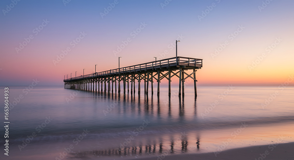 A tranquil wooden pier extends into the calm ocean waters under a breathtaking twilight sky, showcasing stunning pastel reflections and serene coastal beauty at dawn. A tranquil wooden pier extends into the calm ocean waters under a breathtaking twilight sky, showcasing stunning pastel reflections and serene coastal beauty at dawn.