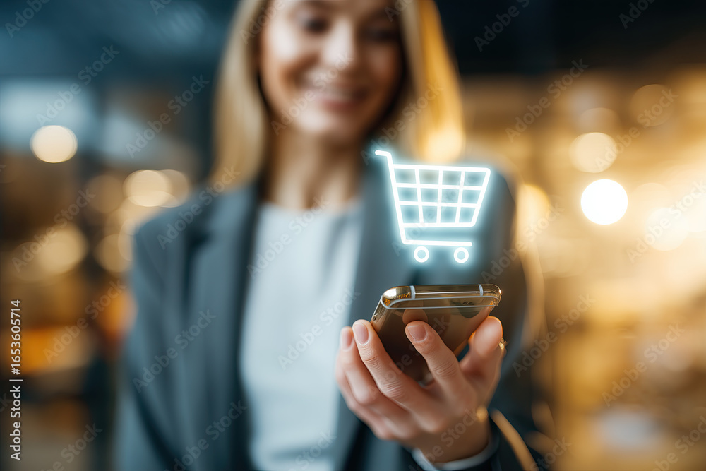 Fototapeta premium Smiling white-collar worker holding a smartphone with a glowing e-commerce shopping cart on the screen, in front of a supermarket at night