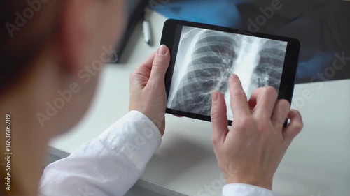 doctor medical checking x-ray image of patient's lungs on digital tablet screen in hospital. radiologist analyzing CT scan of patient lungs in hospital office.