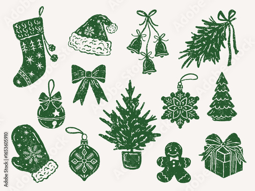 Christmas textured set with stocking, Santa hat, bells, pine branch, bow, mitten, bauble, Christmas tree, snowflake, gingerbread man, and gift box in vintage style