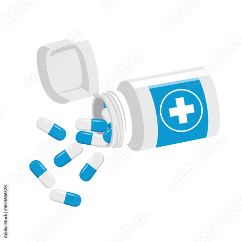 Vector illustration of an open pill bottle with spilled medical capsules on a white background.