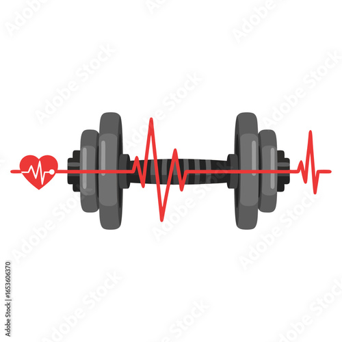 Dumbbell with a heartbeat pulse line, a vector icon for fitness, gym, and cardio health.