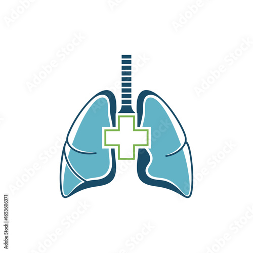 Lungs with medical cross icon. Respiratory health care and pulmonology clinic logo concept vector illustration.