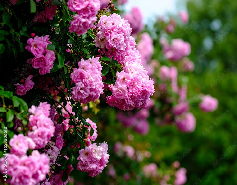 Pink rose clusters in a garden Pink rose clusters in a garden