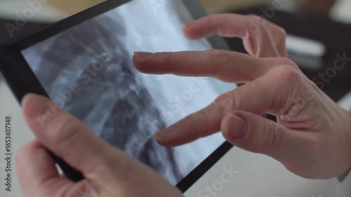 radiologist analyzing CT scan of a patient's lungs in hospital office. doctor medical examining x-ray of patient lungs on digital tablet screen, closeup.