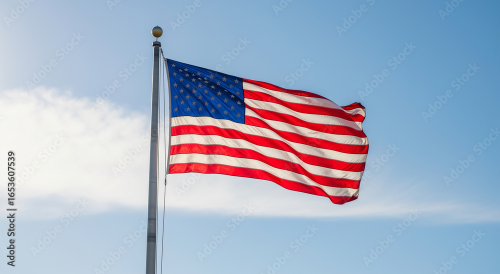 Fototapeta premium Patriotic image of the american flag waving proudly on a flagpole, suitable for use in fourth of July themed projects.