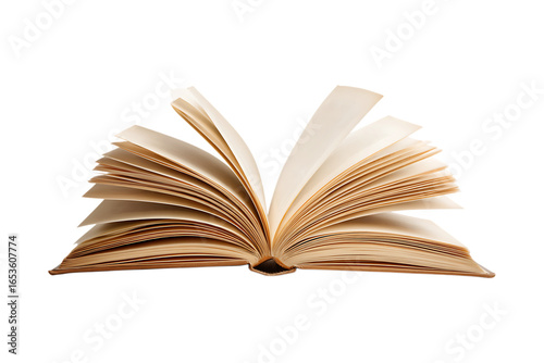 Antique open book with aged pages isolated on transparent background