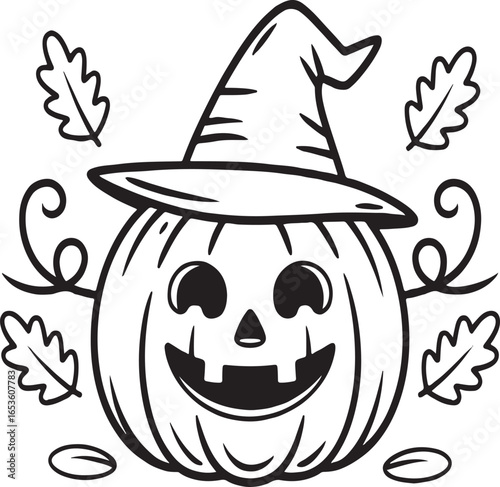 Whimsical Halloween Pumpkin with Witch Hat and Autumnal Leaves a Spooky and Fun Coloring Page for the Holiday Season
