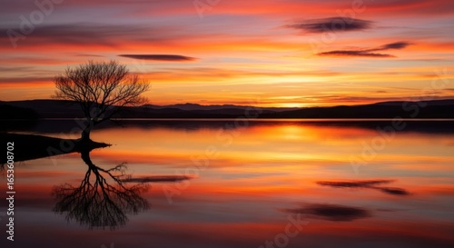 Fiery Sunset Reflection: Solitary Bare Tree on a Glassy, Calm Lake