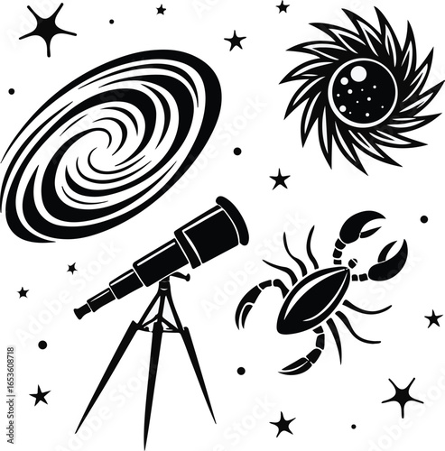 Astrological and Cosmic Scene with Telescope, Galaxy, and Crab