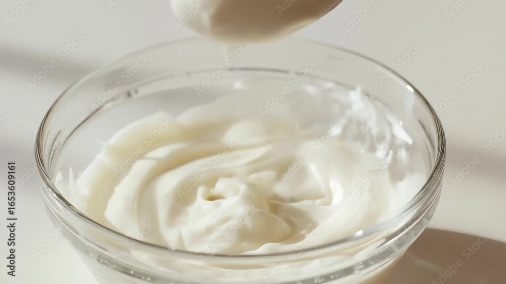 Delicious and Creamy Yogurt Scooped with Spoon in Transparent Bowl Close Up Delicious and Creamy Yogurt Scooped with Spoon in Transparent Bowl Close Up
