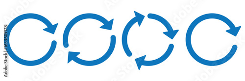 Blue circle arrows icon set. Round reload sign, repeat icon, rotate arrow symbol, arrow pictogram, refresh reload rotation loop sign set