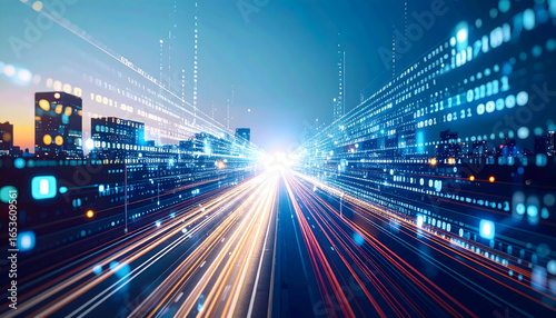 Dynamic Cityscape At Night With Light Trails And Glowing Blue Data Lines Representing Technological Advance