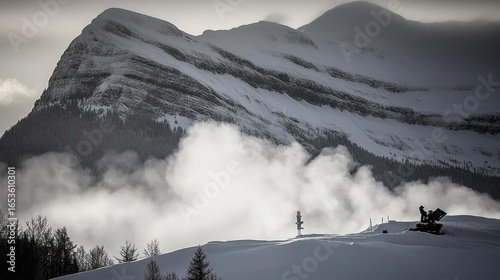 Majestic snowy mountain peak with wispy clouds creating a dramatic winter landscape scene with