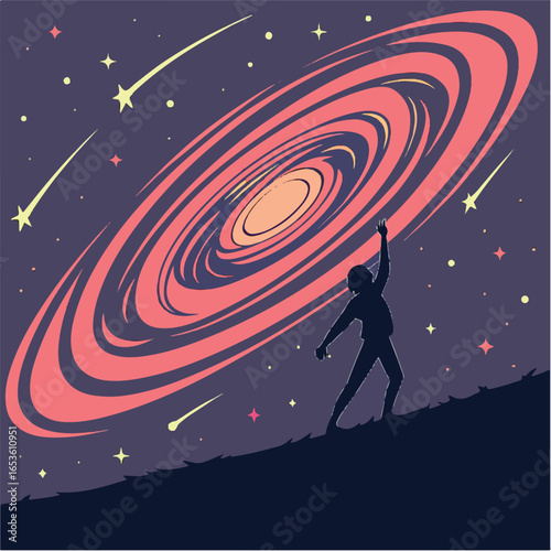 Reaching for the Galaxy: Person Silhouette Against Cosmic Swirl