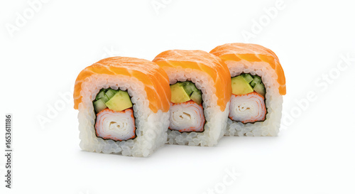 A delicious set of three fresh uramaki sushi rolls with salmon, avocado, and crab stick, isolated on a clean white background.