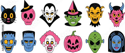 Whimsical Halloween Character Collection A Cartoonish Assemblage of Classic Spooky Figures for Festive Celebrations and Decorations
