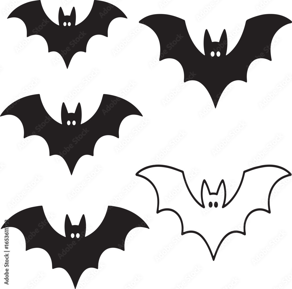 Naklejka premium Silhouette Bats Vector Graphic, Halloween Decorations or Spooky Cartoon Elements, Four Black Bats and One Outline Version on White