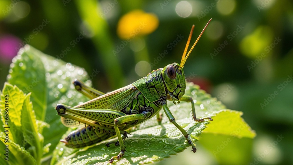 Fototapeta premium Green grasshopper on a leaf