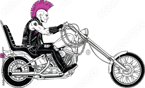 Illustration of a punk rocker with a pink mohawk riding a chopper motorcycle in profile.
