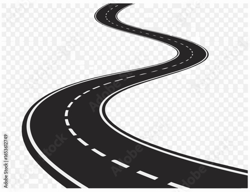 Black and white winding two lane road with checkered pattern