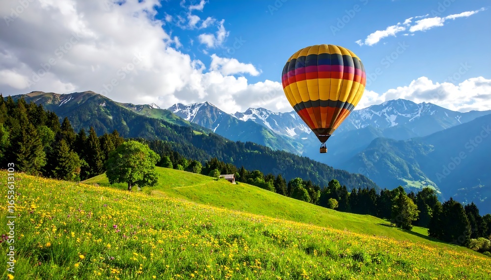Naklejka premium Colorful hot air balloon over mountain meadow