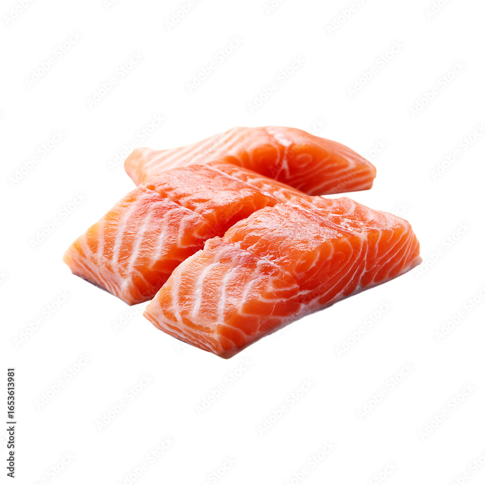 Three fresh raw salmon fillet pieces with visible white fat lines arranged on a clean isolated on transparent background Three fresh raw salmon fillet pieces with visible white fat lines arranged on a clean isolated on transparent background