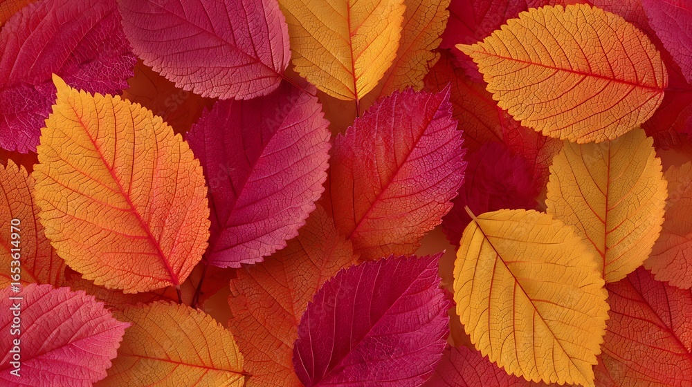 Fototapeta premium A vibrant display of autumn leaves in shades of red, orange, and yellow, arranged in a natural, organic setting with a soft focus on the foreground and a blurred background.
