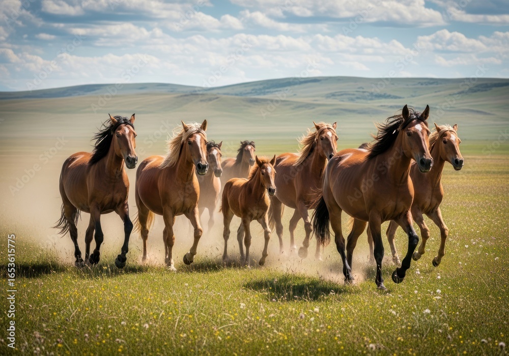 Majestic Herd of Wild Horses Galloping Across Grassy Meadow, Freedom. Majestic Herd of Wild Horses Galloping Across Grassy Meadow, Freedom.